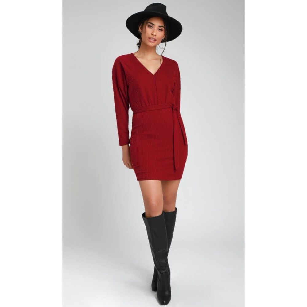 LULUS ZARIAH Red Wine Sz Small Stretchy Ribbed Knit Bodycon Sweater Dress LULUS